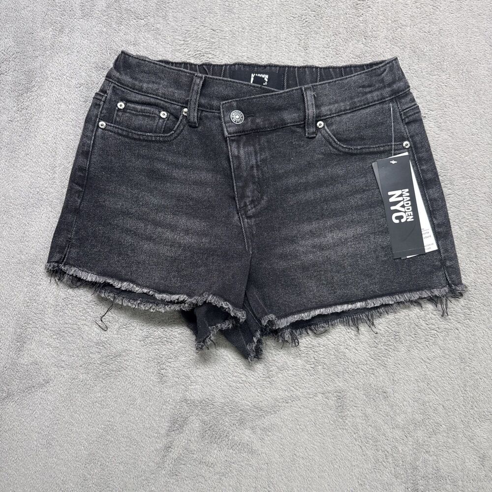 NWT Women’s Denim Shorts Madden NYC Black Wash Shorts | XS- Frayed Hem | Trendy